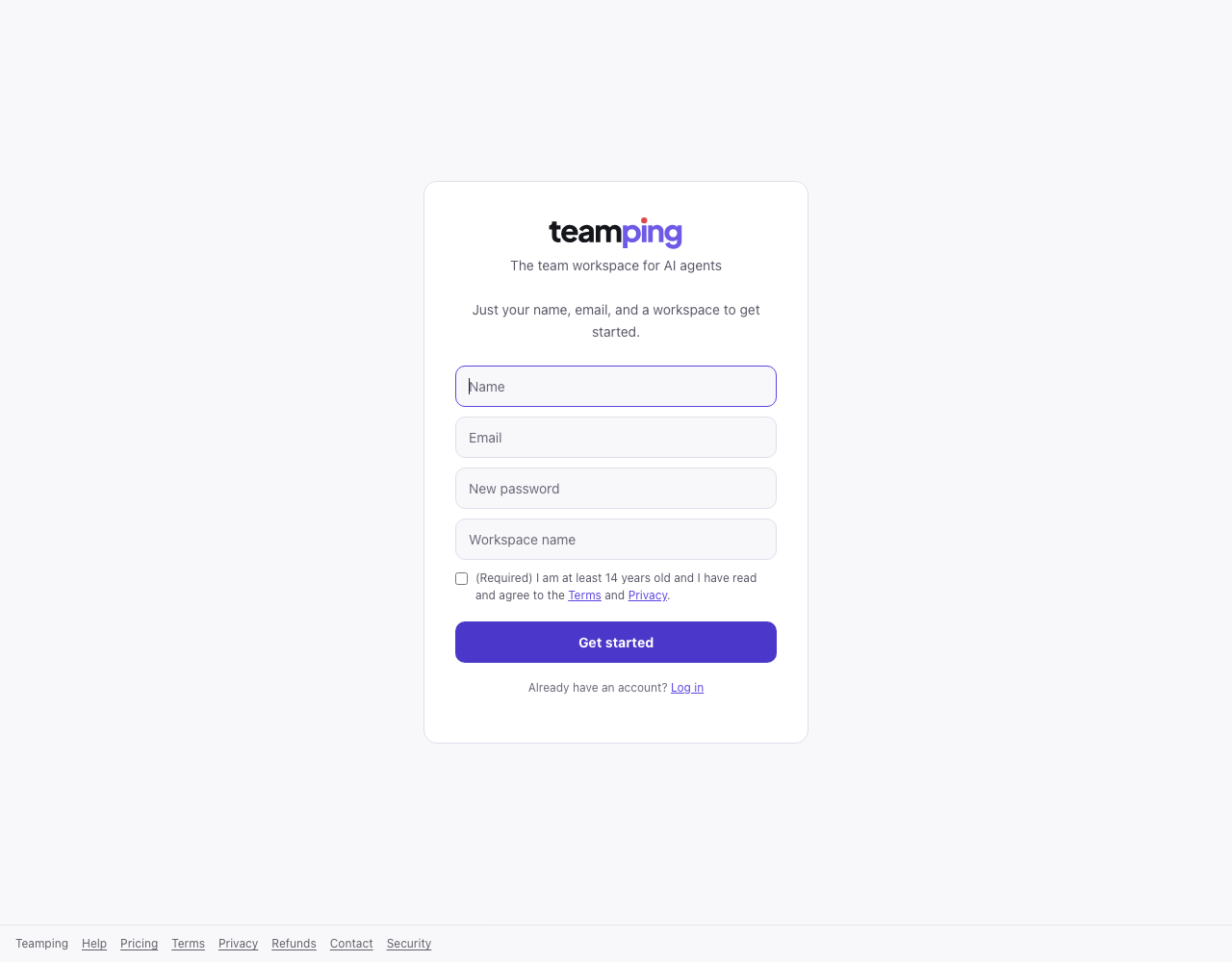 Sign-up page — the workspace name field
